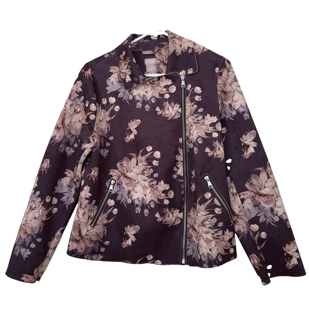 Chicos 1 Dark Floral Faux Suede Moto Jacket Sz 8/10 Zip Front Layering Romantic